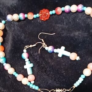 Elegant Blue and Pink Floral Beaded Earringsfree Gift Included